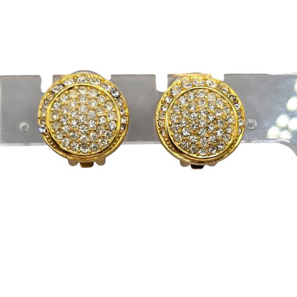 Christian Dior Earrings Pave Clustered Rhinestones Button Classic Design Clip On - Picture 10 of 10